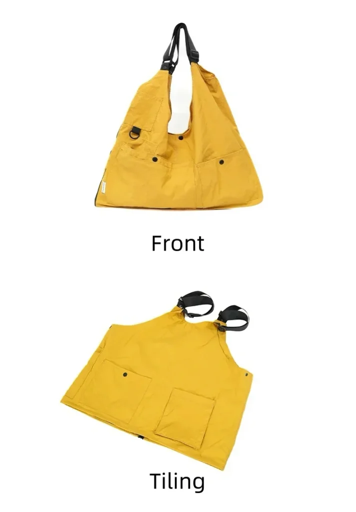 9902 Wearable Crossbody Bag showing transformation from crossbody bag to vest in bright ginger yellow color