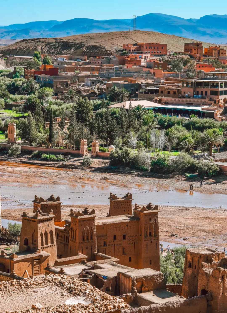 Historic Ait Benhaddou ksar fortress village in Morocco desert with traditional mud brick architecture