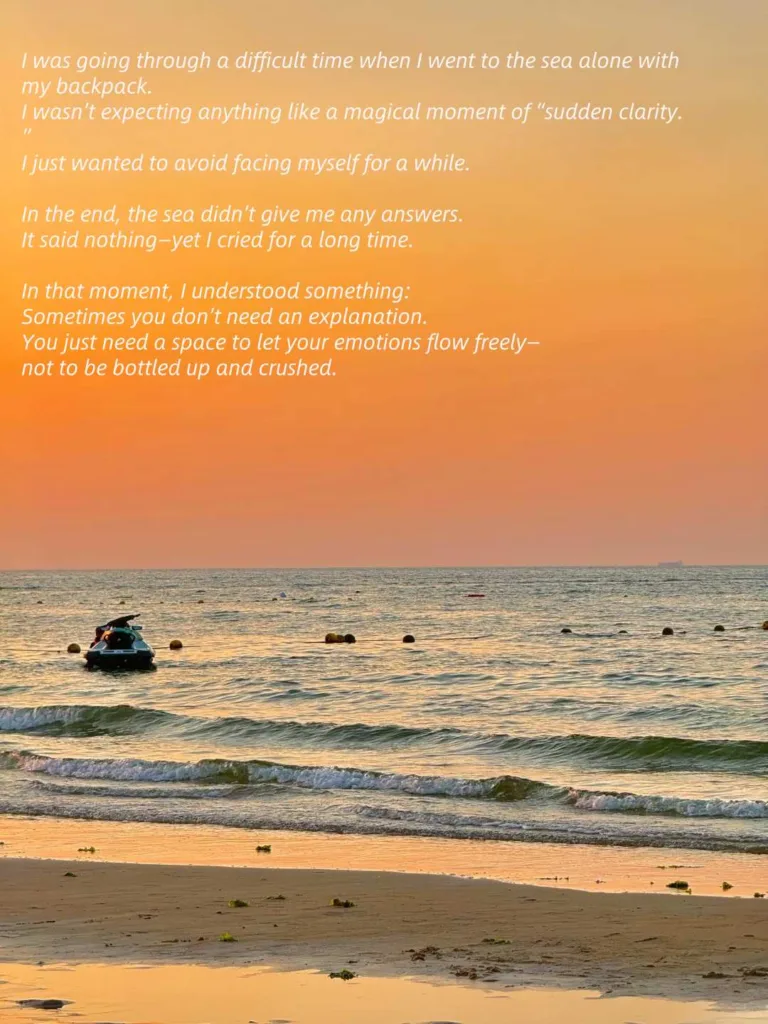 Beach at sunset with soft orange sky and a jet ski, symbolizing emotional release and finding clarity through travel.