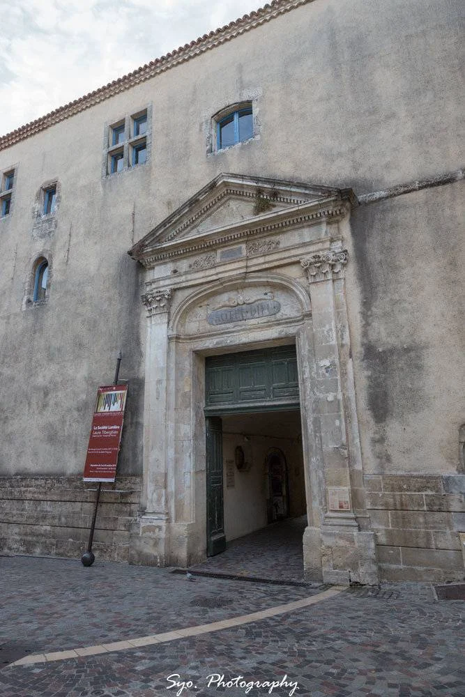 The ornate stone entrance facade of a historic building in Arles, with a large wooden door slightly ajar, leading into a courtyard. A red banner stands to the left.
