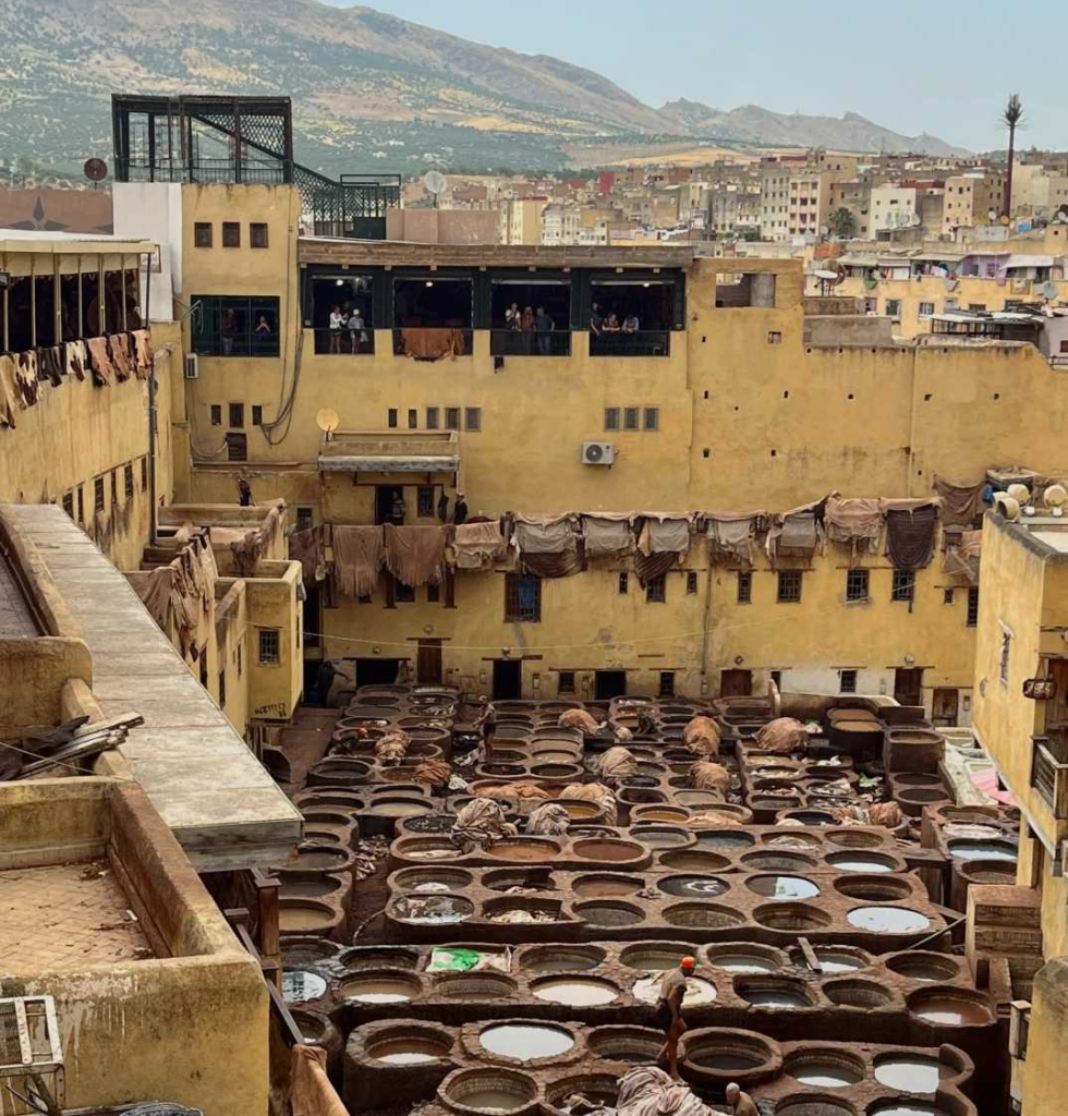 Traditional leather tannery with circular dye pits in Fez medina showing ancient Moroccan craftsmanship
