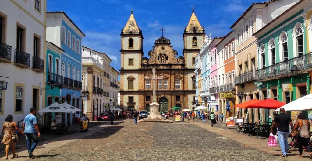 Colorful colonial buildings and baroque church in Salvador's historic Pelourinho district with cobblestone streets