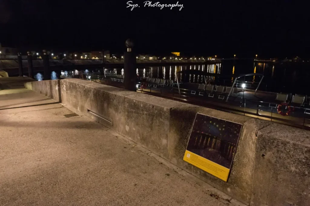 A dark night scene along a waterfront with city lights reflecting on the water, showing a concrete walkway and a large print of Van Gogh's "Starry Night Over the Rhône" painting propped against a low wall.