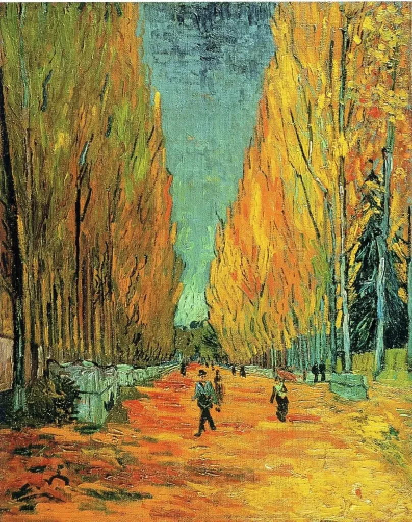 An oil painting by Vincent van Gogh depicting a tree-lined avenue in autumn, with tall trees featuring vibrant orange and yellow foliage, and several figures walking along the path.
