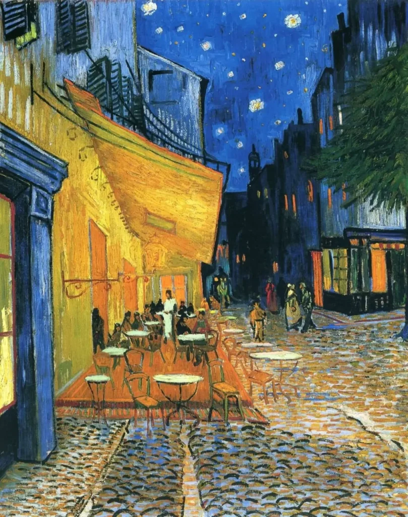 An oil painting by Vincent van Gogh depicting a brightly lit yellow outdoor cafe terrace at night under a dark blue starry sky, with figures seated at tables and cobblestone street in the foreground.
