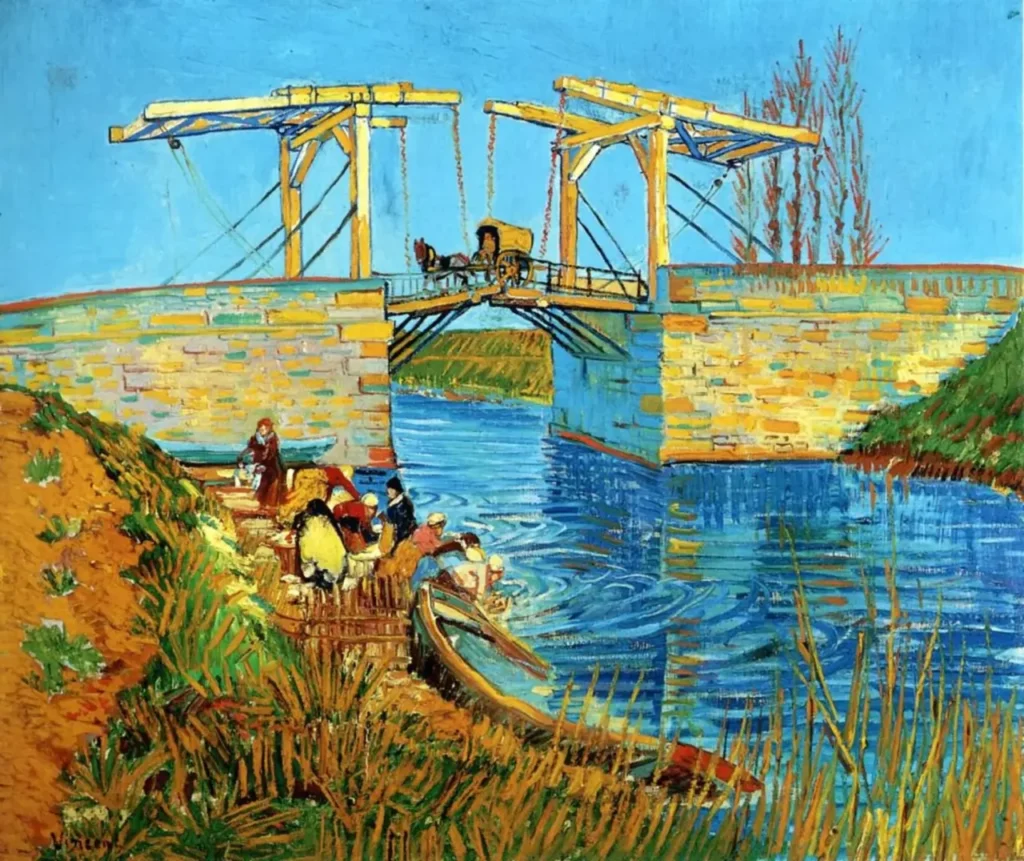 An oil painting by Vincent van Gogh depicting the yellow Langlois Bridge over a blue canal, with a horse-drawn cart crossing and several women washing clothes on the bank.
