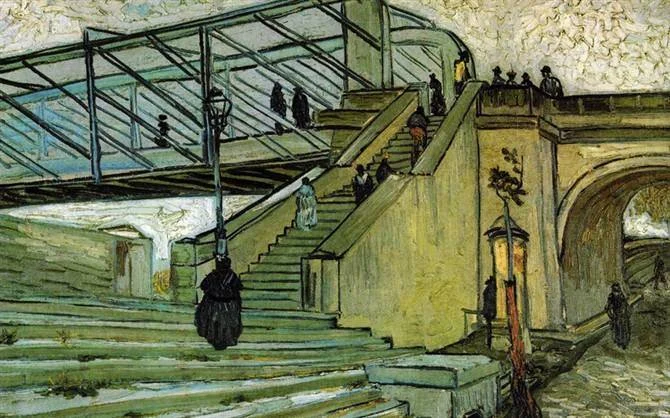 An oil painting by Vincent van Gogh depicting a set of outdoor stairs leading up to a bridge, with a lamppost, an archway, and several figures, in his characteristic post-impressionist style.