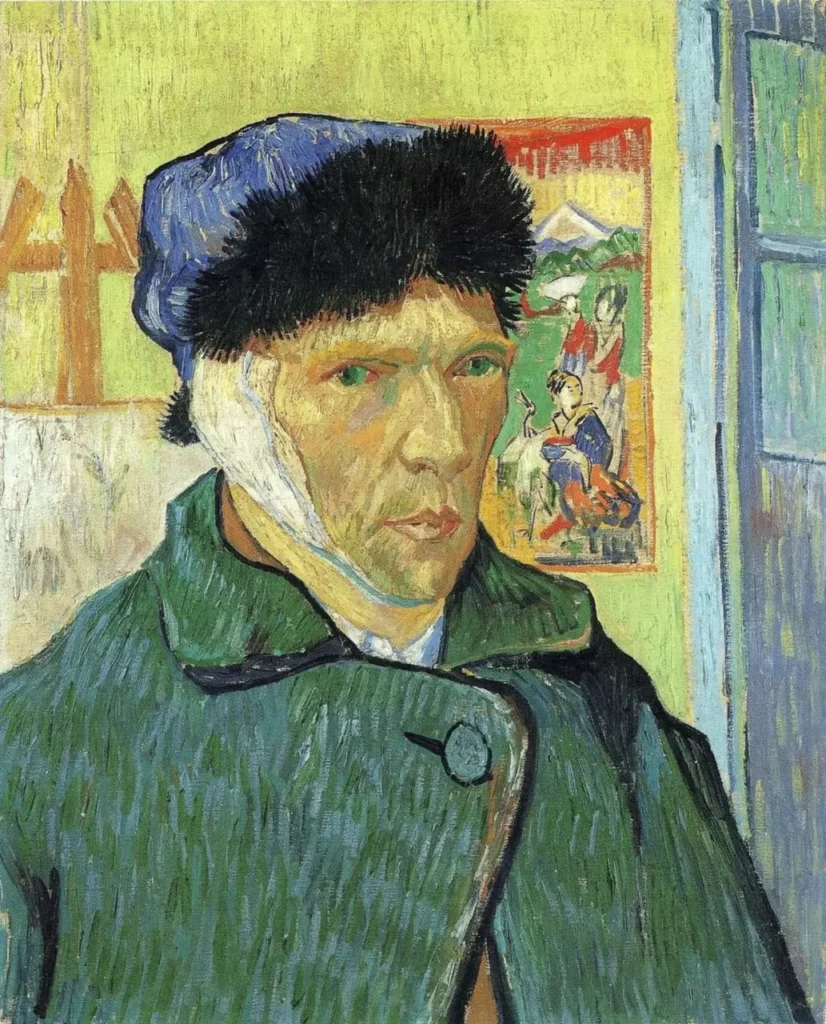 An oil painting by Vincent van Gogh, a self-portrait depicting him wearing a blue hat and a green coat, with a bandaged right ear, against a yellow-green wall with a Japanese print in the background.