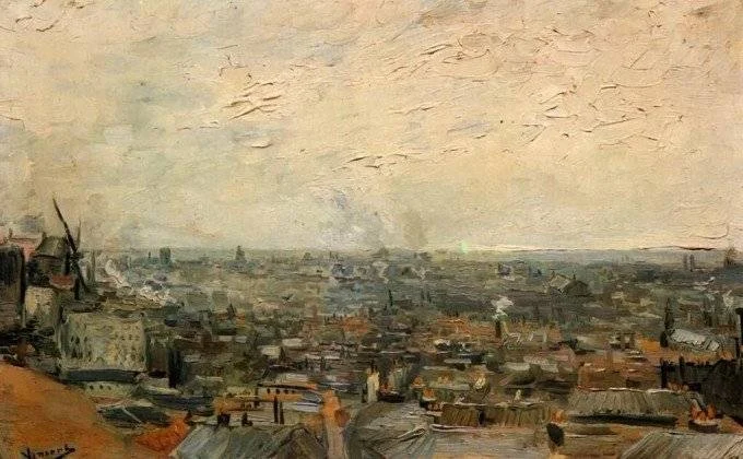 An oil painting by Vincent van Gogh depicting a panoramic view of Paris city rooftops and buildings from a high vantage point on Montmartre, under a cloudy sky.