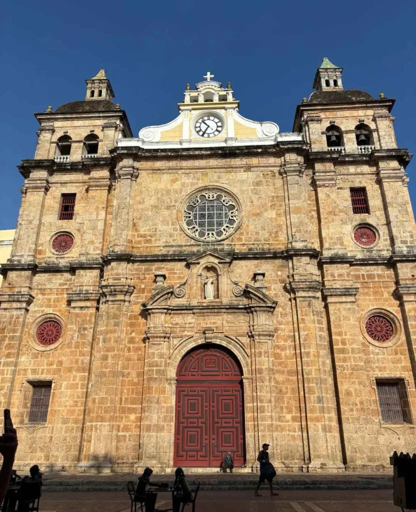 Impressive colonial cathedral with twin bell towers and baroque facade in Cartagena historic center Colombia