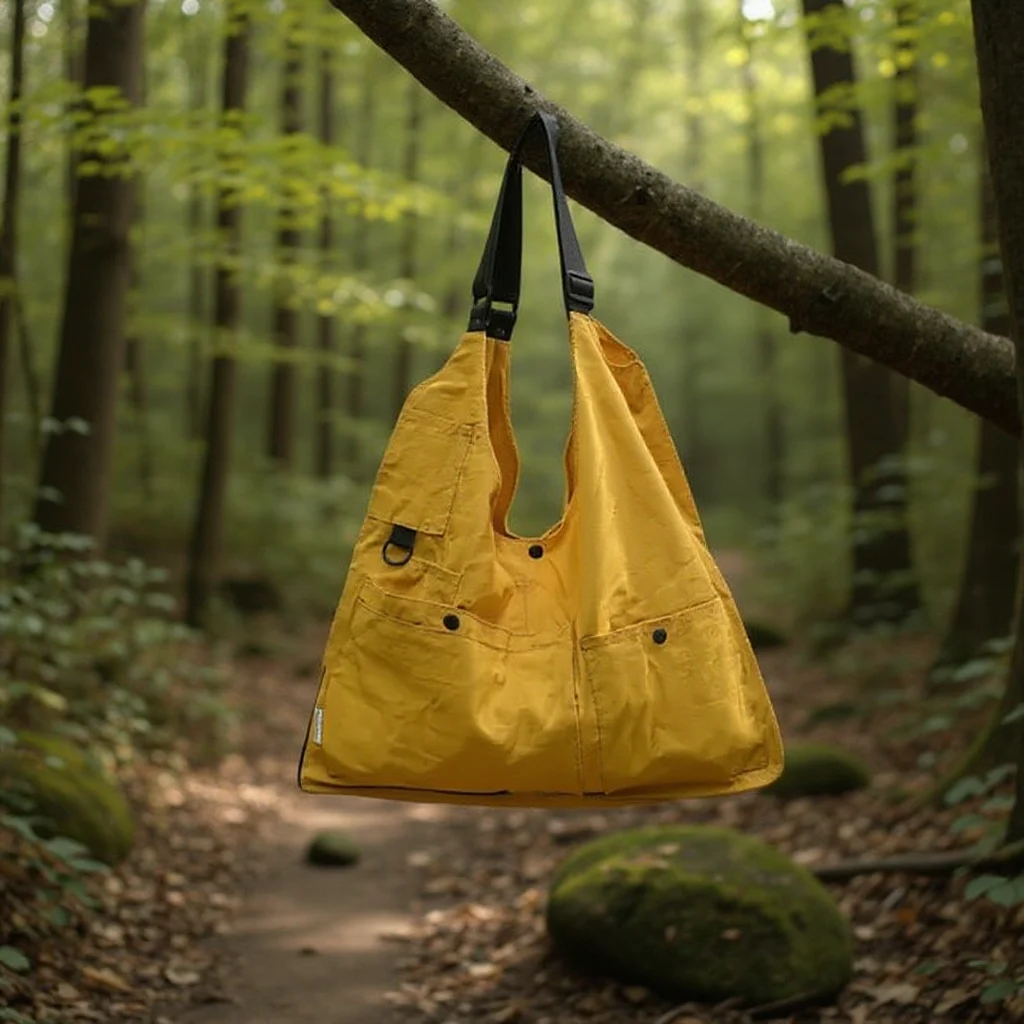 Yellow crossbody vest bag hanging on tree branch in forest setting demonstrating outdoor durability