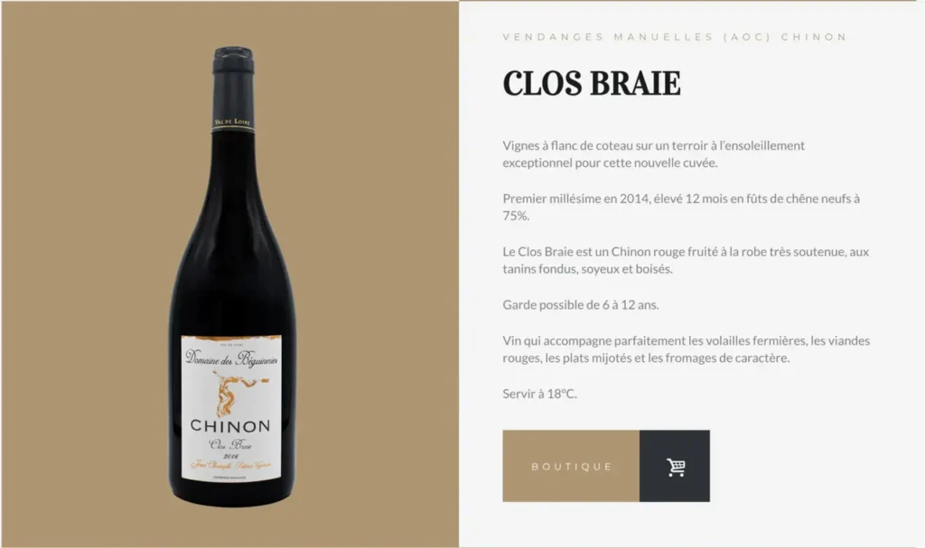 A bottle of red wine, "Domaine des Béguineries Chinon Clos Braie," displayed next to its product description on a winery website or brochure.