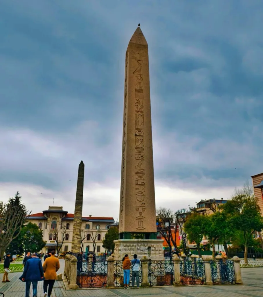 Ancient Egyptian obelisk with hieroglyphics at Istanbul Hippodrome square in Sultanahmet old city