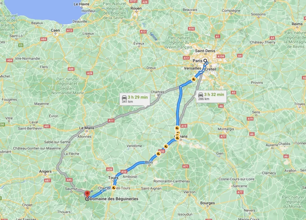 A Google Maps screenshot showing a driving route from Paris to Chinon in the Loire Valley, with estimated travel time and distance.