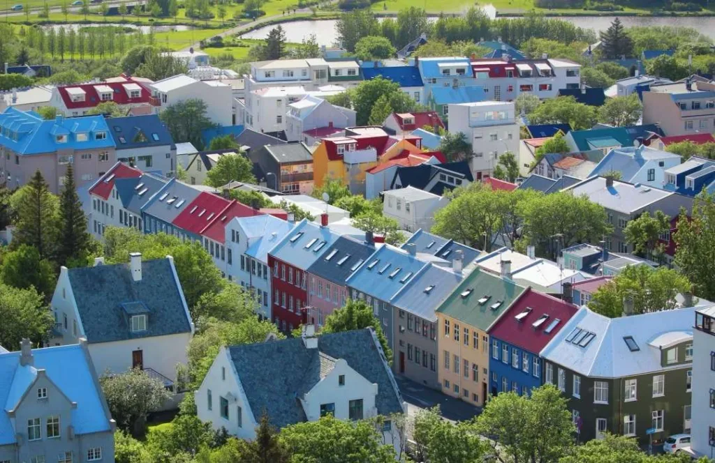 Vibrant multicolored houses in central Reykjavik neighborhood viewed from above showing architectural diversity