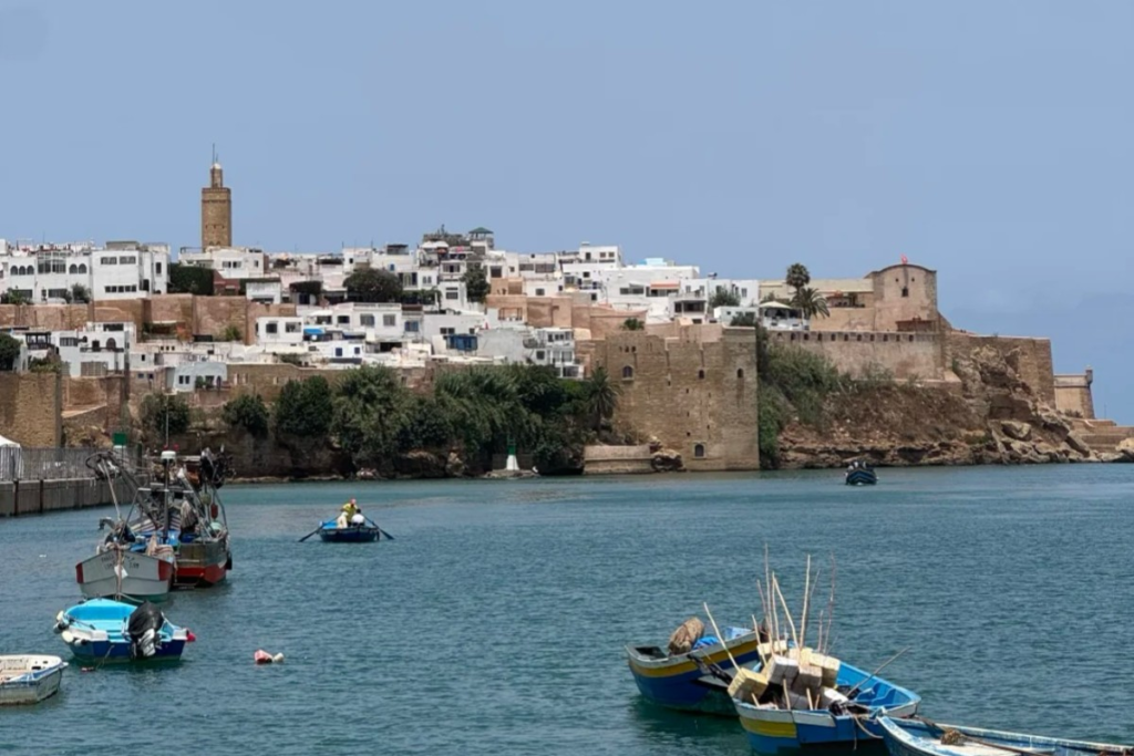Serene Mediterranean harbor with colorful fishing boats, ancient fortress walls and white coastal town buildings