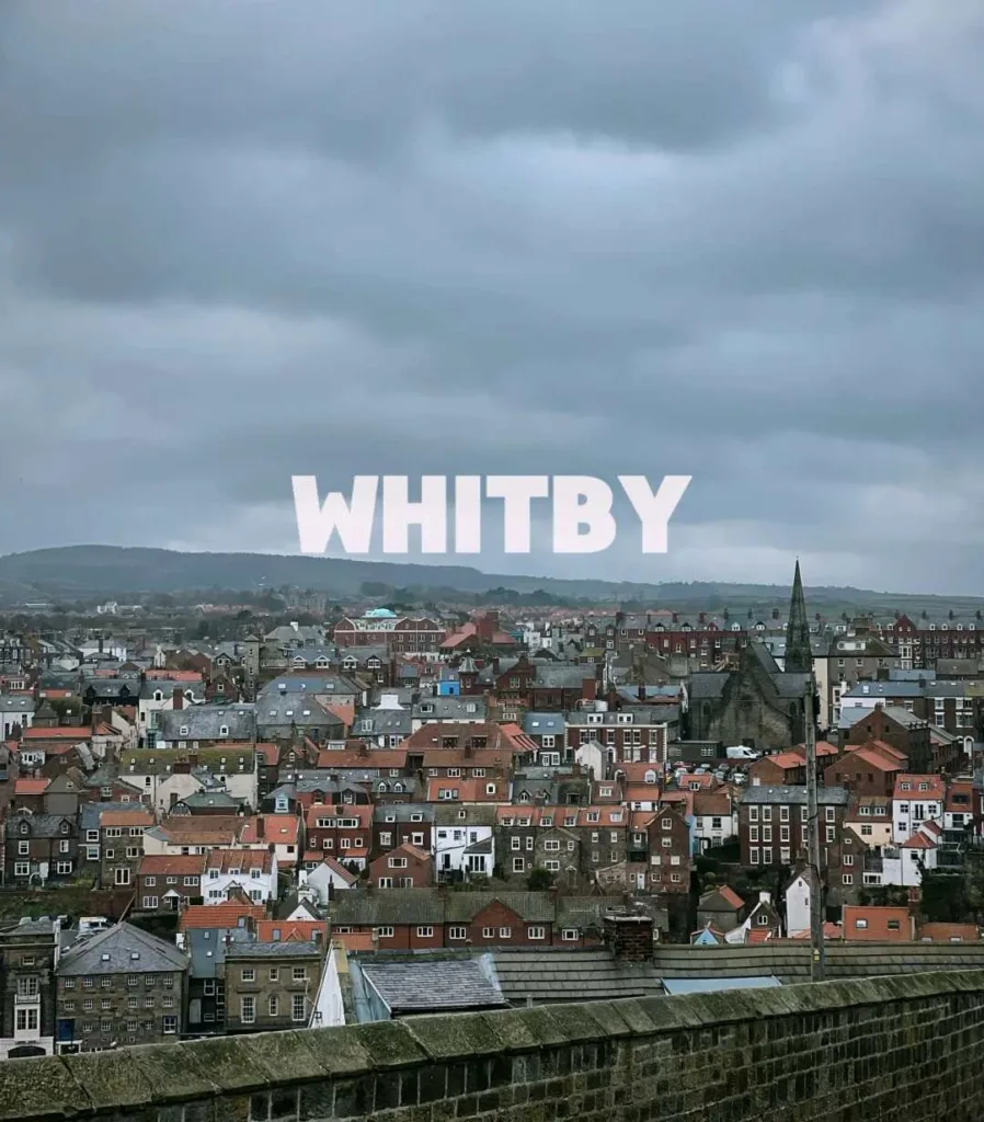 Aerial view of Whitby showing dense red-tiled rooftops and historic buildings under dramatic cloudy sky