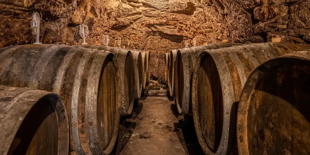 A dimly lit, rustic underground wine cellar with rows of large wooden barrels, indicating wine aging.