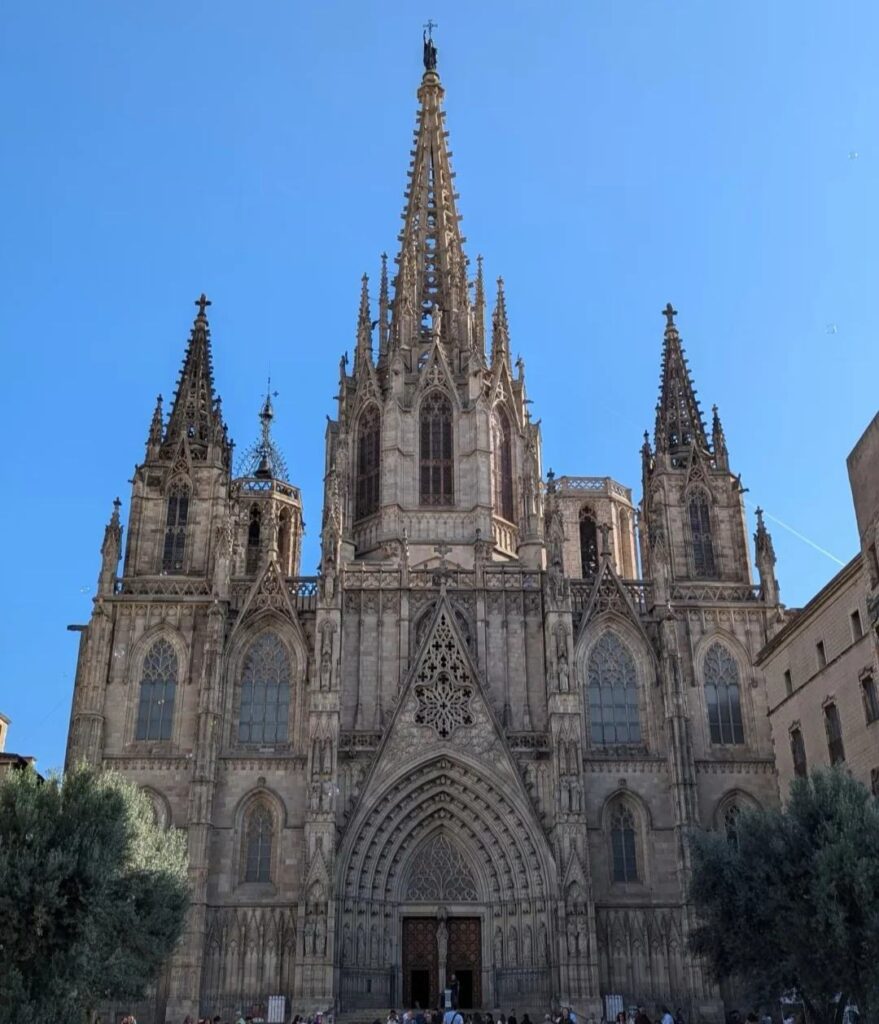 Magnificent Gothic facade of Barcelona Cathedral with ornate spires and detailed stonework in the historic Gothic Quarter
