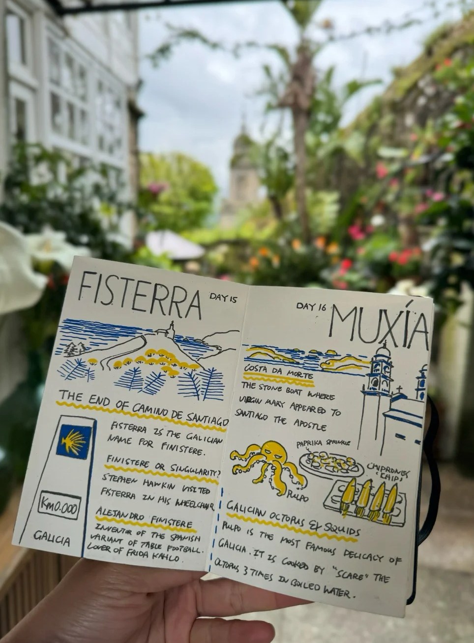 First Camino guide journal sketch showing Fisterra and Muxia stages with hand-drawn illustrations and notes