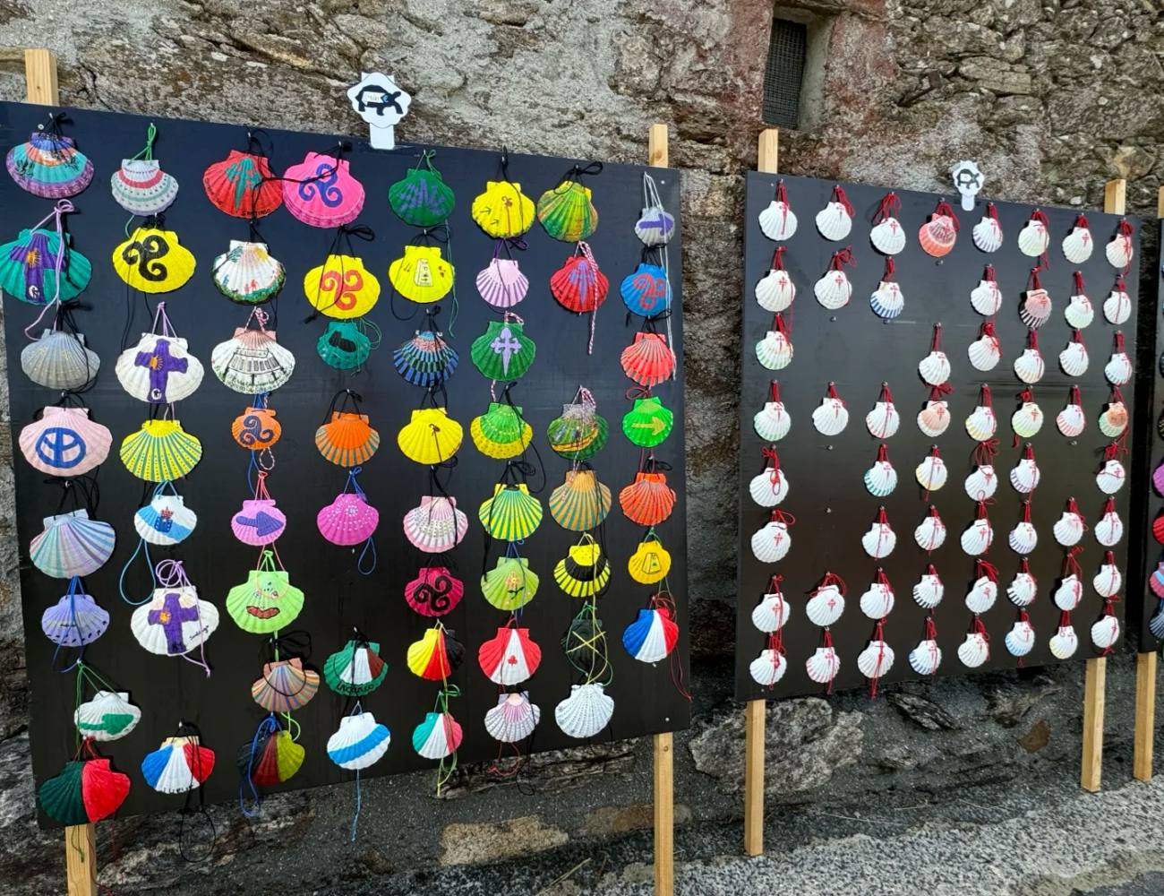 First Camino guide scallop shell collection showing colorful painted pilgrim shells with various symbols and designs