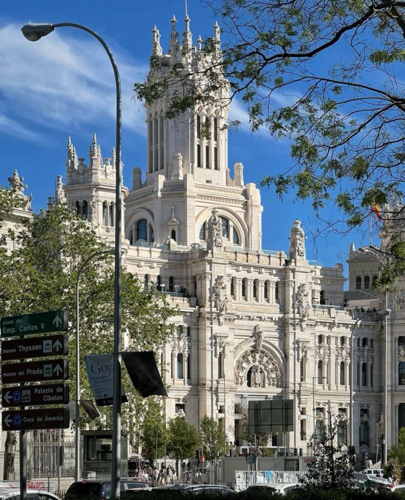 Historic Telefónica building on Madrid's Gran Vía showcasing early 20th century architecture with ornate white stone facade