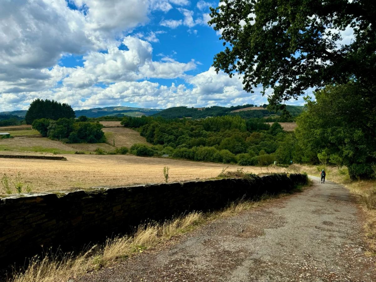 Santiago Ways panoramic view of rolling hills and agricultural fields under dramatic cloudy sky in northern Spain