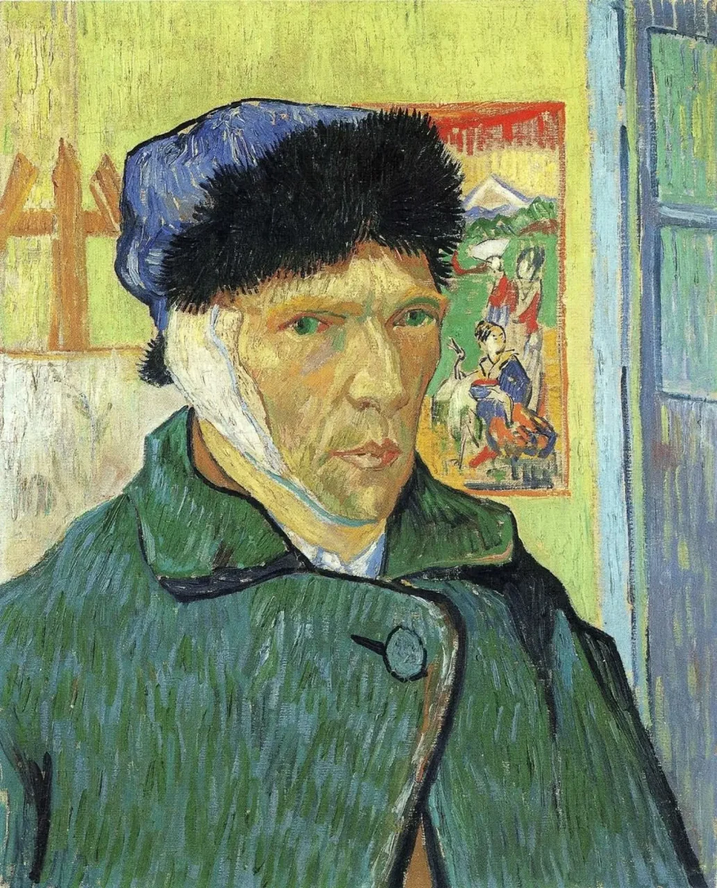 An oil painting by Vincent van Gogh, a self-portrait depicting him wearing a blue hat and a green coat, with a bandaged right ear, against a yellow-green wall with a Japanese print in the background.