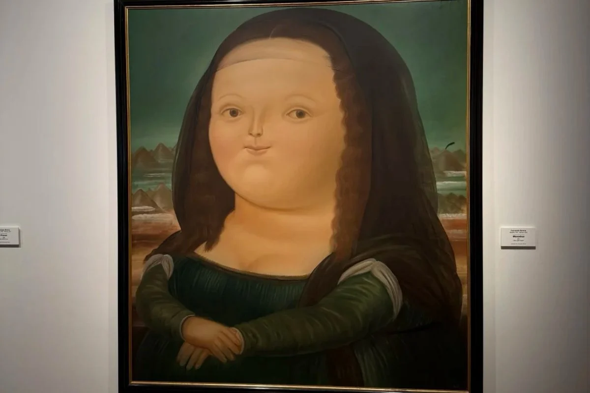 Fernando Botero's distinctive fat figure interpretation of Mona Lisa painting displayed in Colombian museum