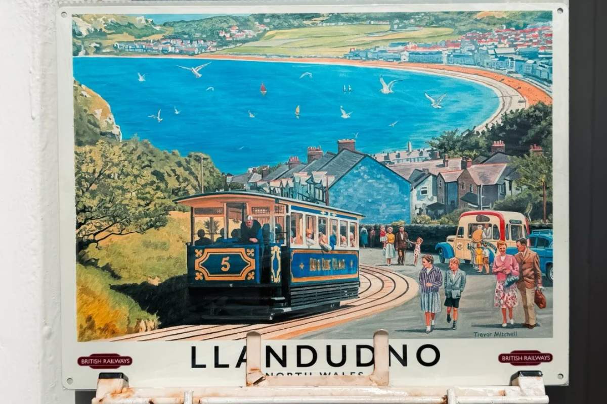 Classic vintage British Railways travel poster showing Llandudno's Great Orme Tramway and seaside bay in North Wales