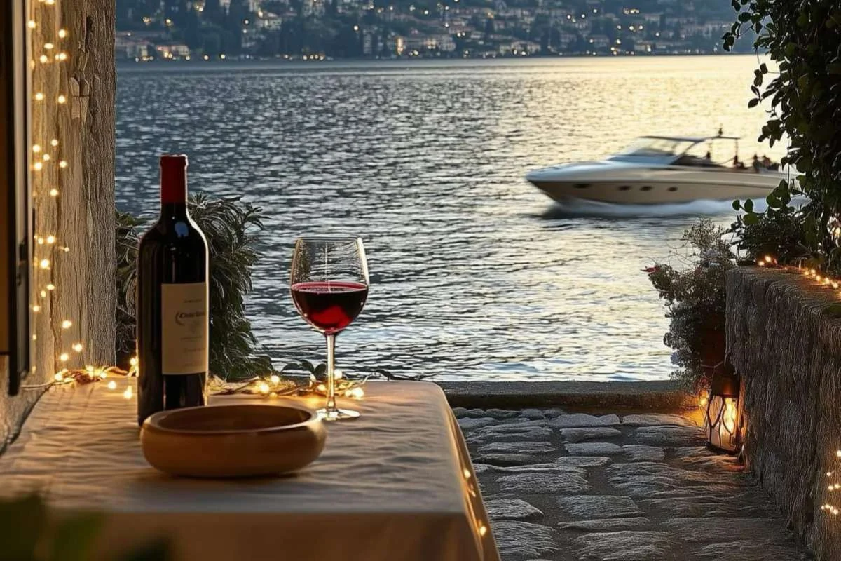 Peaceful solo dining scene with red wine glass on waterfront terrace overlooking lake with boats and city lights at sunset