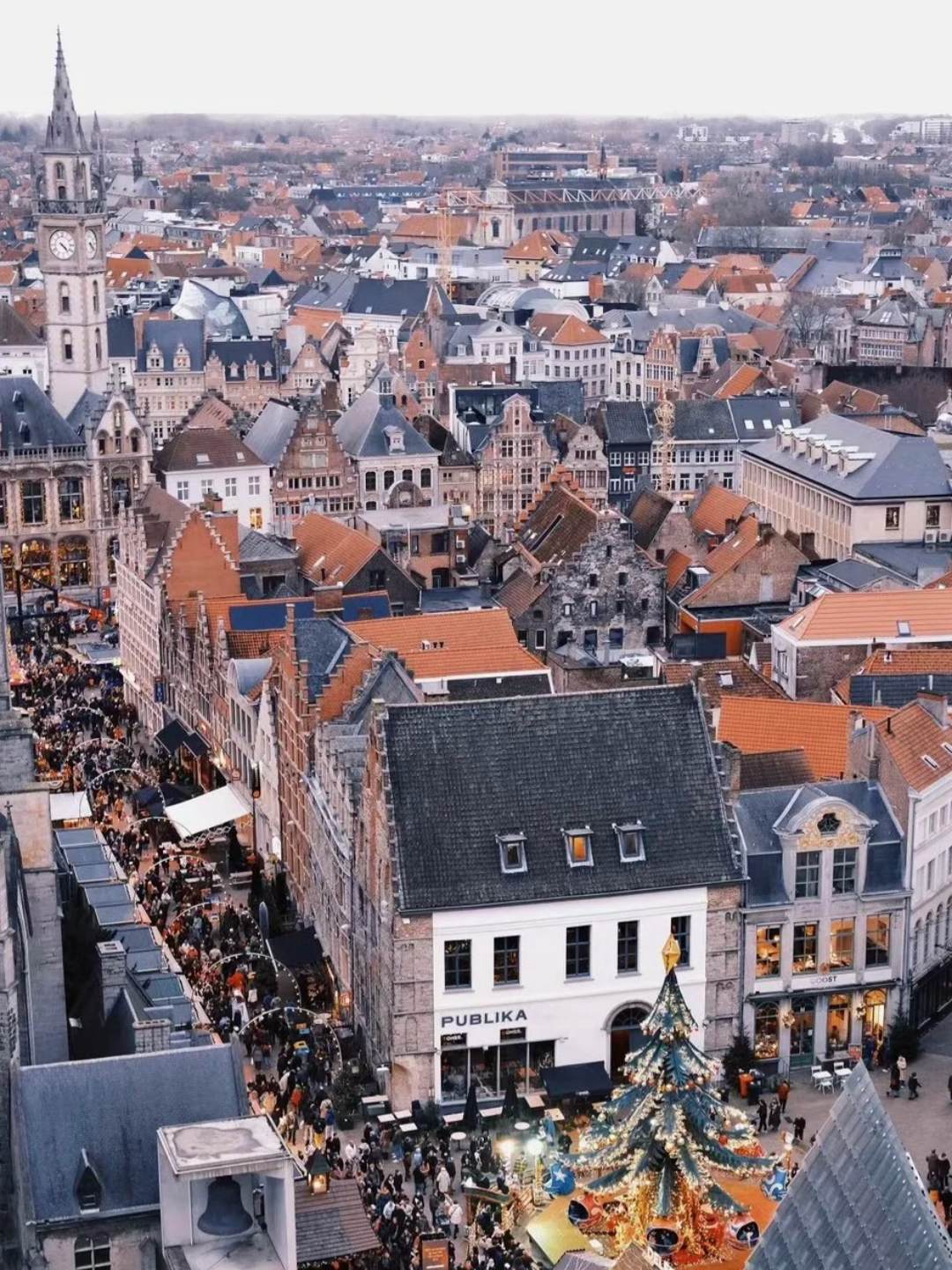 First-time solo travel European Christmas market city center aerial view